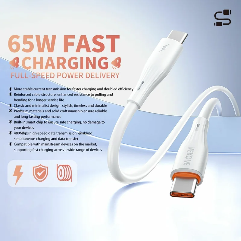 WEKOME WDC-C35 2 m Cable Tipo C a Tipo C 65 W PD Carga Rápida 480 Mbps Transmisión de Datos - Blanco