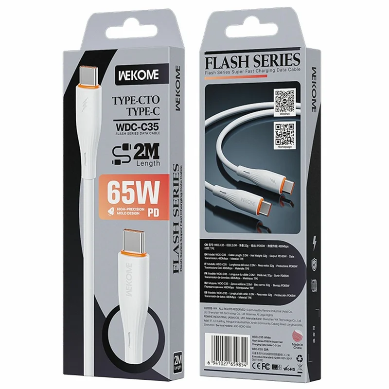 WEKOME WDC-C35 2 m Cable Tipo C a Tipo C 65 W PD Carga Rápida 480 Mbps Transmisión de Datos - Blanco