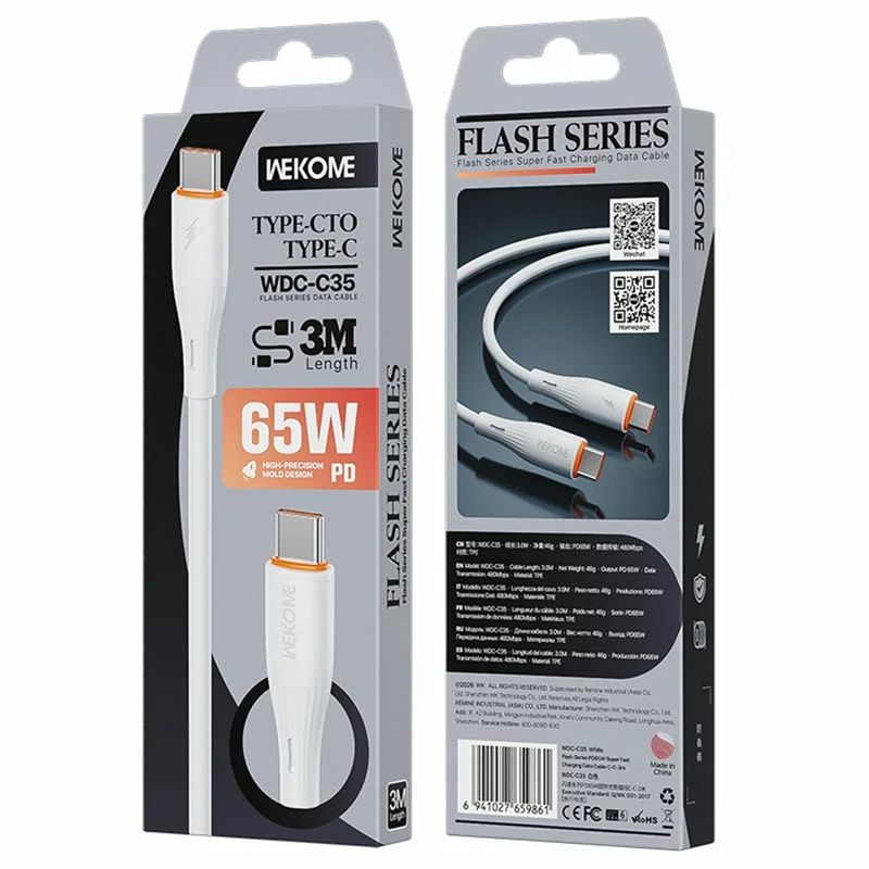 WEKOME WDC-C35 3m Type-C to Type-C Cable 65W PD Fast Charging 480Mbps Data Transfer Cord - White