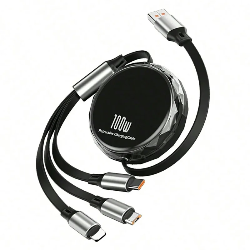 1.1m iP  /  USB-C  /  Micro USB 3 in 1 Retractable 100W Fast Charging Cable Built-in Phone Stand