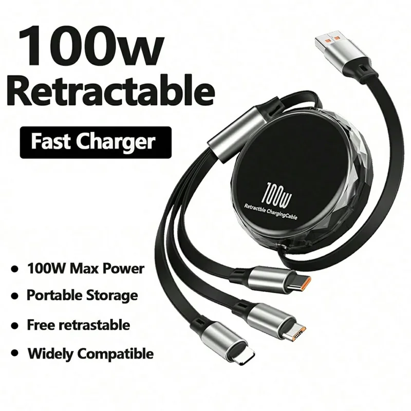 1.1m iP  /  USB-C  /  Micro USB 3 in 1 Retractable 100W Fast Charging Cable Built-in Phone Stand