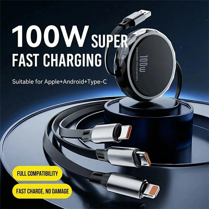 1.1m iP  /  USB-C  /  Micro USB 3 in 1 Retractable 100W Fast Charging Cable Built-in Phone Stand