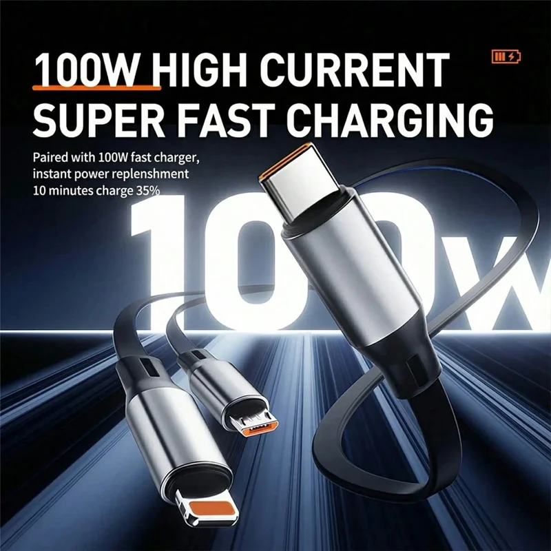 1.1m iP  /  USB-C  /  Micro USB 3 in 1 Retractable 100W Fast Charging Cable Built-in Phone Stand