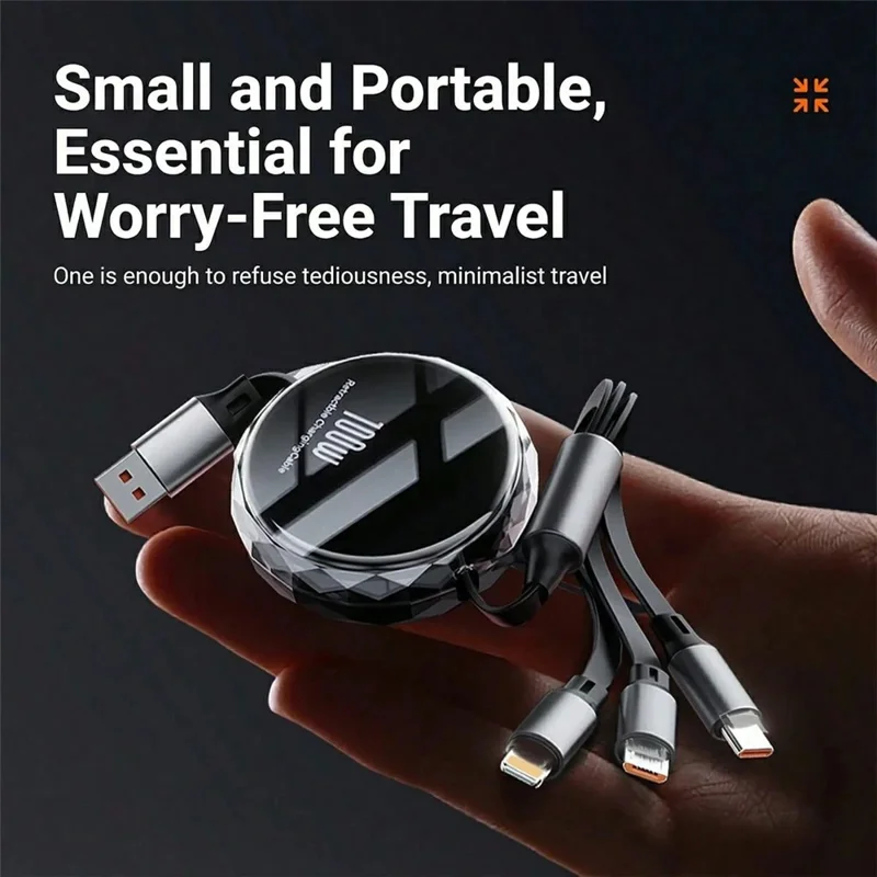 1.1m iP  /  USB-C  /  Micro USB 3 in 1 Retractable 100W Fast Charging Cable Built-in Phone Stand