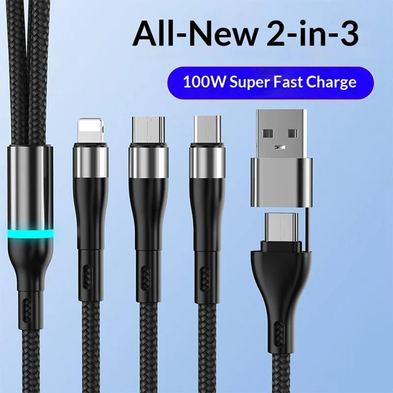B6 1.2m USB-A / Type-C to iP  /  Type-C  /  Micro 100W Fast Charging Nylon Braided Cable for iPhone / Huawei / Xiaomi - Black