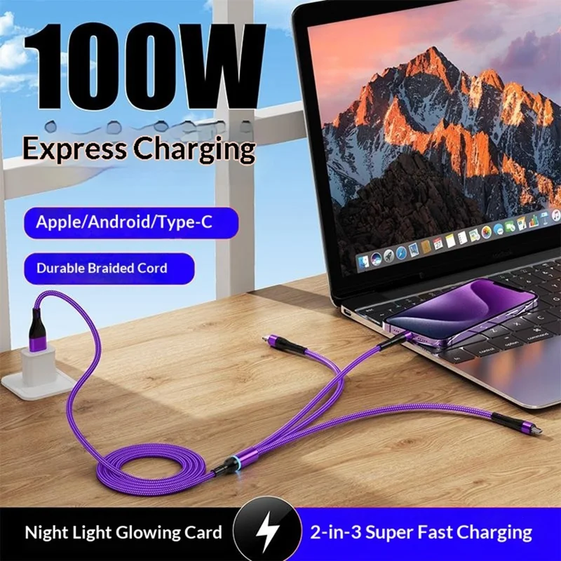 B6 1.2m USB-A / Type-C to iP  /  Type-C  /  Micro 100W Fast Charging Nylon Braided Cable for iPhone / Huawei / Xiaomi - Purple