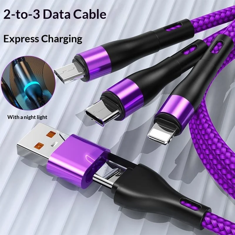 B6 1.2m USB-A / Type-C to iP  /  Type-C  /  Micro 100W Fast Charging Nylon Braided Cable for iPhone / Huawei / Xiaomi - Purple