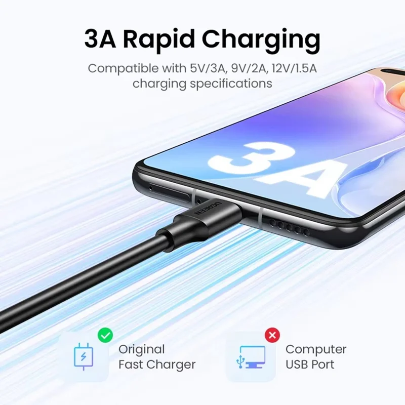 UGREEN US287 3m USB-A to USB-C 3A Fast Charging 480Mbps Data Cable - Black