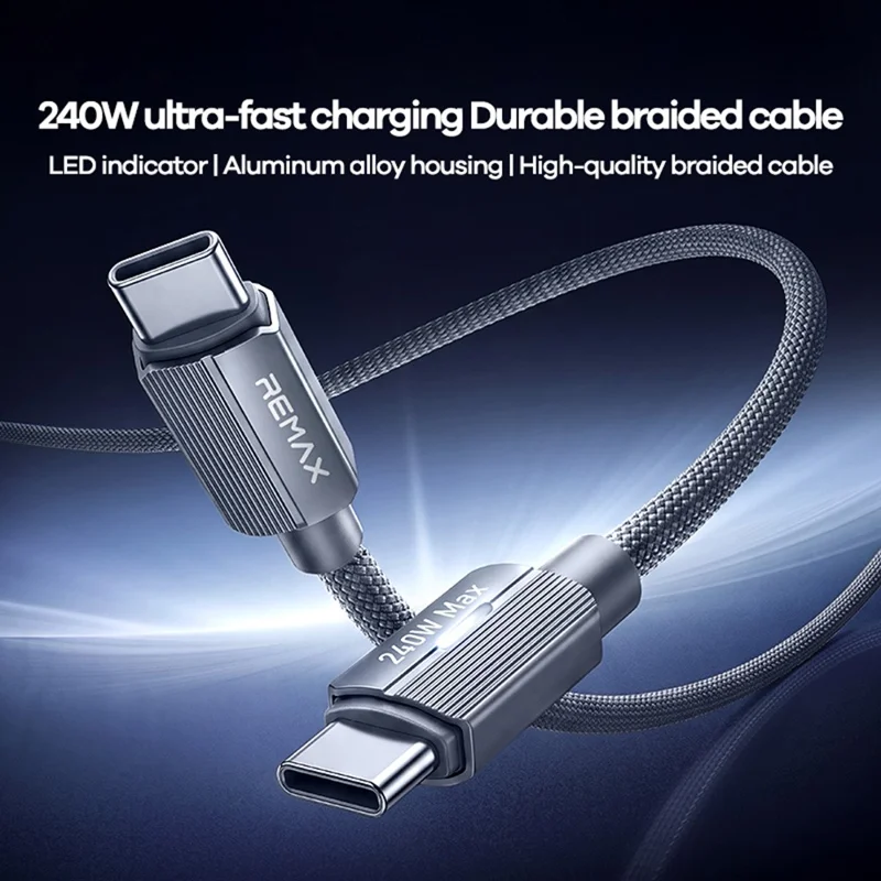 REMAX CB58 1.2m USB-C to USB-C Cable 240W PD Braided Data Cable with Smart LED Indicator - Grey