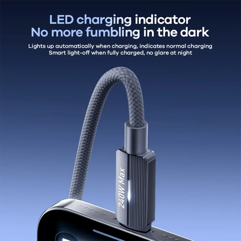 REMAX CB58 1.2m USB-C to USB-C Cable 240W PD Braided Data Cable with Smart LED Indicator - Grey