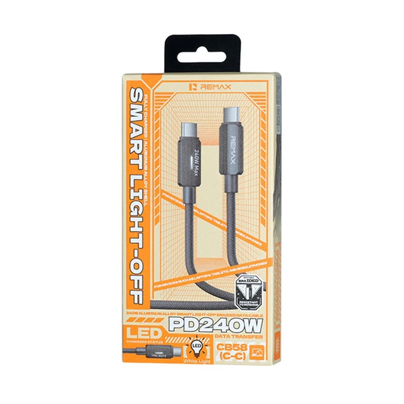 REMAX CB58 1.2m USB-C to USB-C Cable 240W PD Braided Data Cable with Smart LED Indicator - Grey