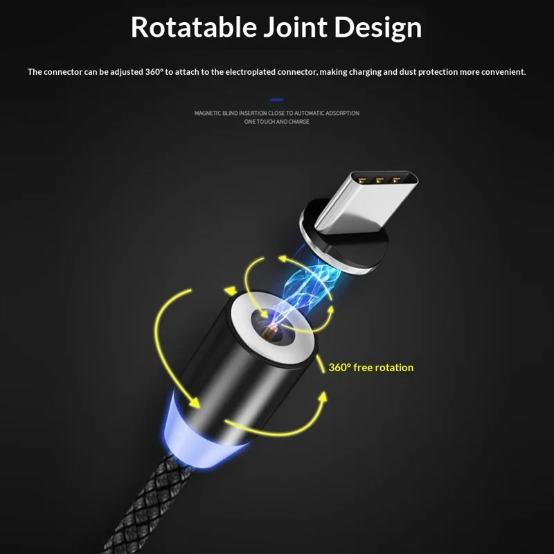 1 м, 2,4 А, магнитный кабель для зарядки USB-A, поворотное соединение на 360 градусов, оплетка из тканевого шнура (без разъема) — черный