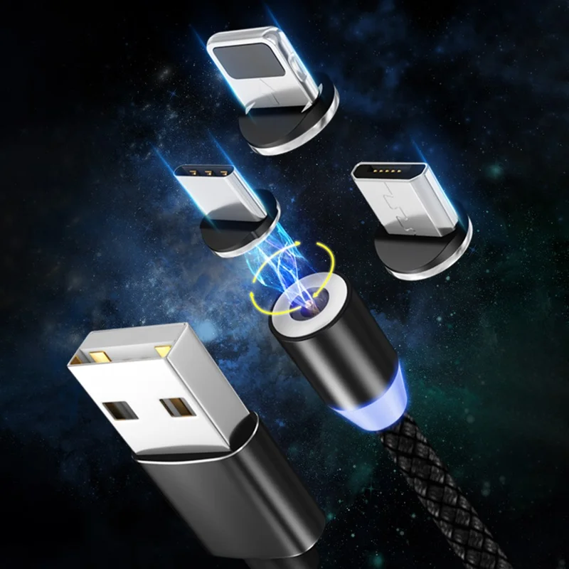 1 м, 2,4 А, магнитный кабель для зарядки USB-A, поворотное соединение на 360 градусов, оплетка из тканевого шнура (без разъема) — черный
