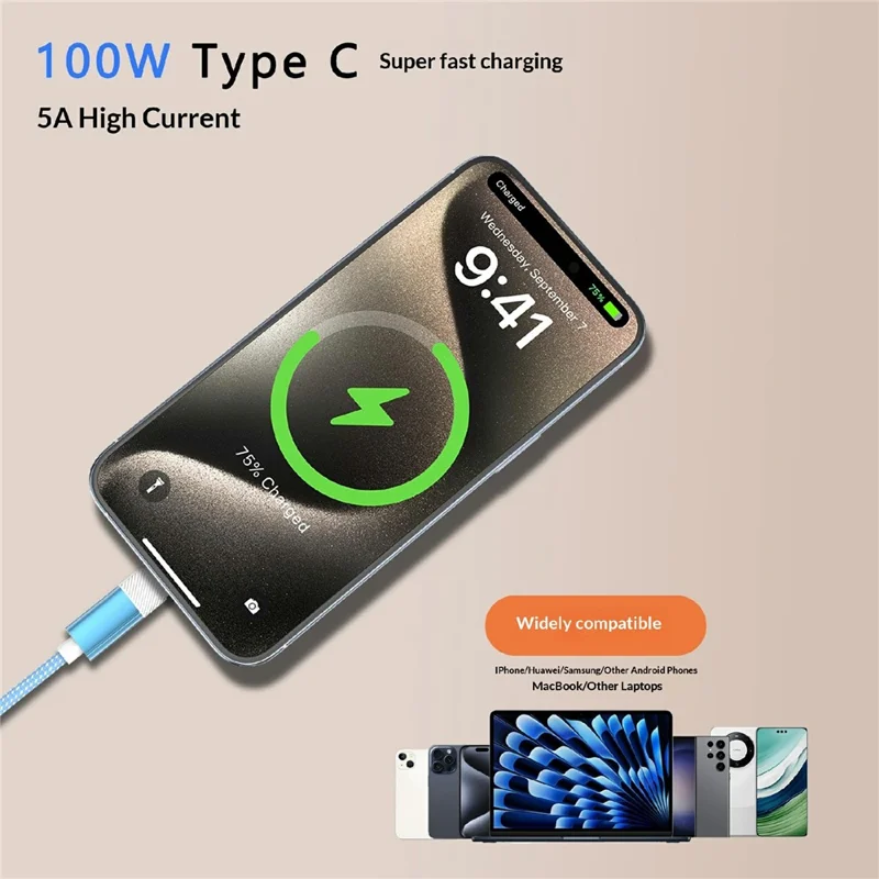 1.45m 3-Mode Massage Type-C to Type-C Cable Neck Hanging PD 100W Fast Charging Cable - Blue