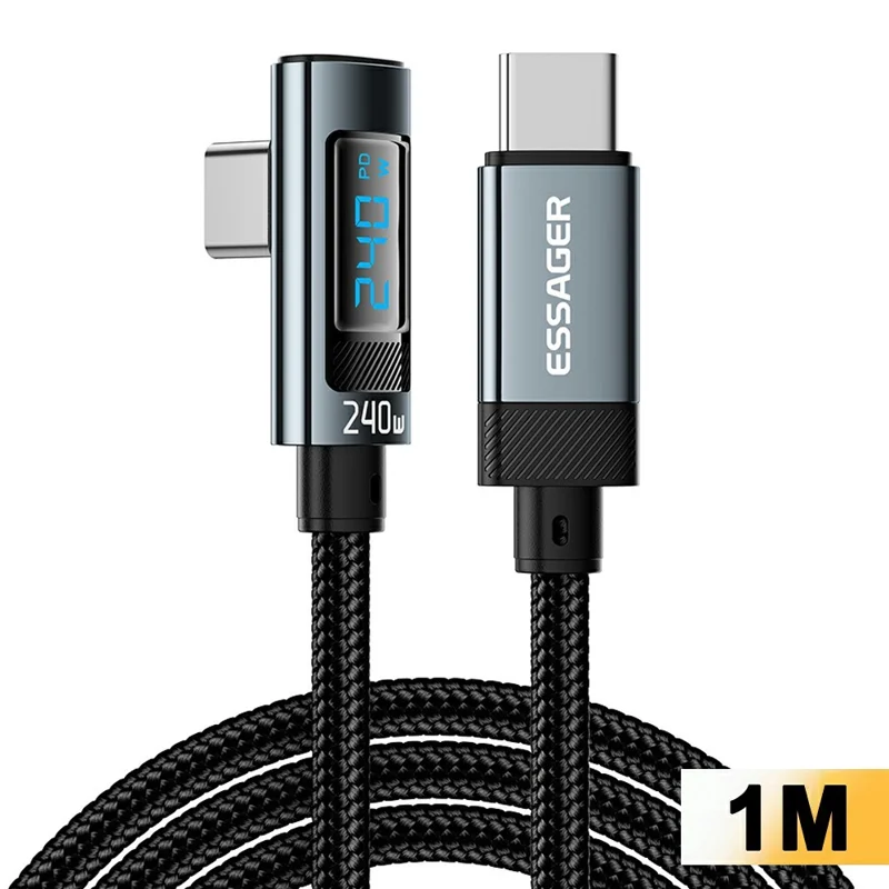 ESSAGER 1m 240W Fast Charging Digital Display Elbow Type-C to Type-C Data Cable - Grey