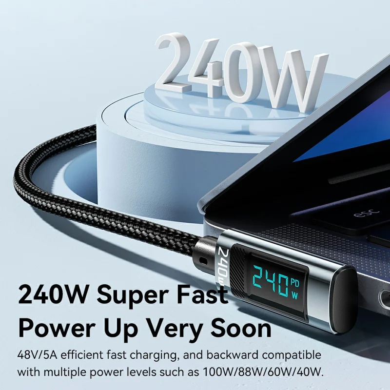 ESSAGER 1m 240W Fast Charging Digital Display Elbow Type-C to Type-C Data Cable - Grey