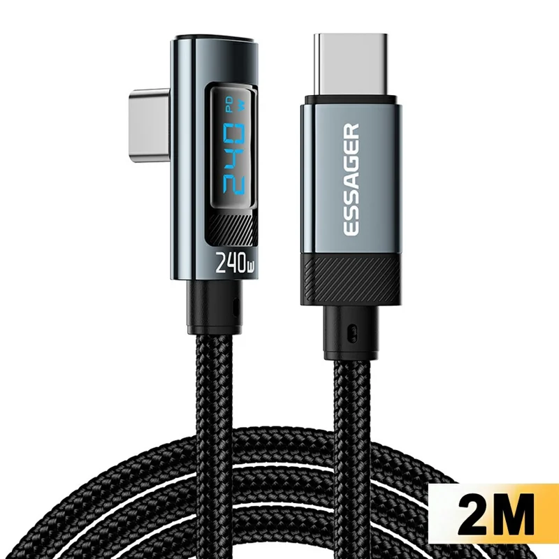 Cable de datos ESSAGER de 2 m, 240 W, carga rápida con pantalla digital, ángulo de 90°, de tipo C a tipo C - Gris