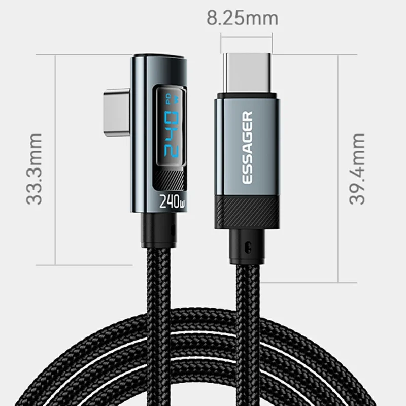 Cable de datos ESSAGER de 2 m, 240 W, carga rápida con pantalla digital, ángulo de 90°, de tipo C a tipo C - Gris
