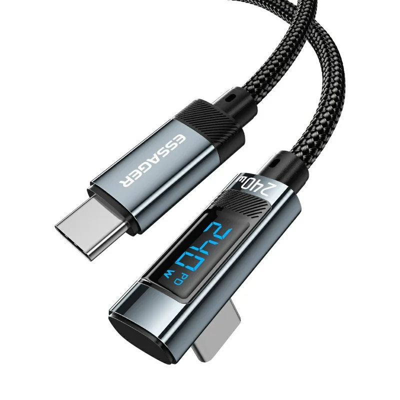 Cable de datos ESSAGER de 2 m, 240 W, carga rápida con pantalla digital, ángulo de 90°, de tipo C a tipo C - Gris