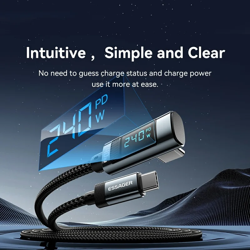 Cable de datos ESSAGER de 2 m, 240 W, carga rápida con pantalla digital, ángulo de 90°, de tipo C a tipo C - Gris