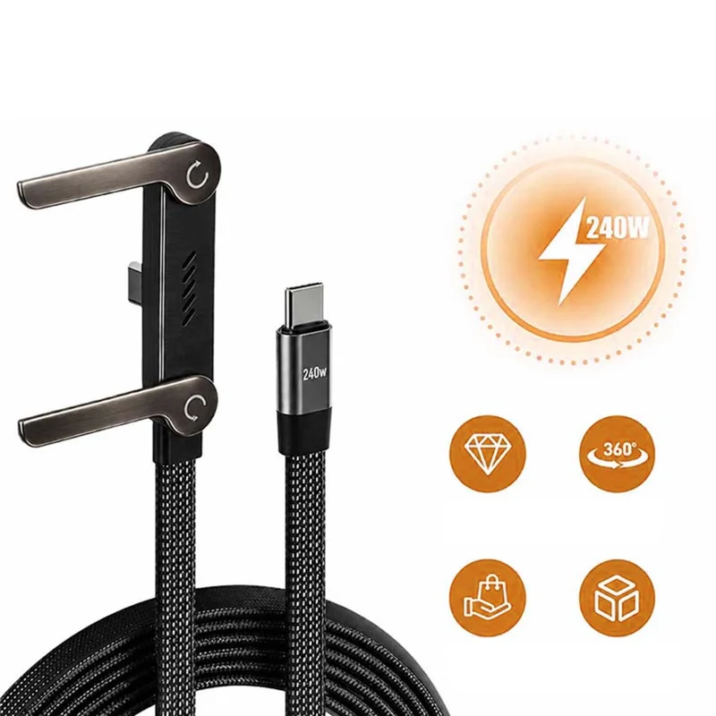 D-POWER 9204 1.5m PD 240W Fast Charging USB-C to USB-C Data Cable with Folding Bracket for Smartphone Tablet