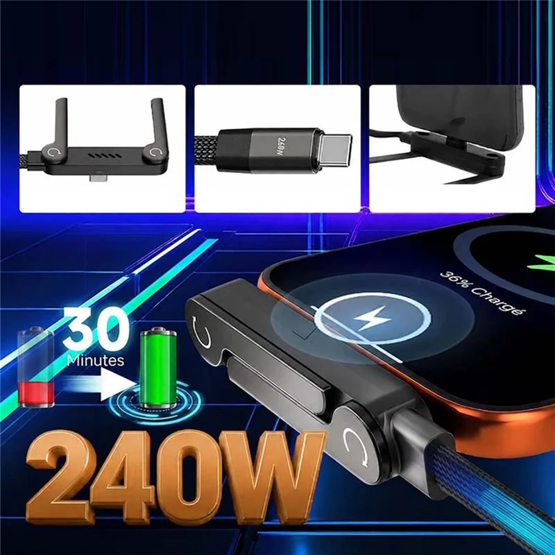 D-POWER 9204 1.5m PD 240W Fast Charging USB-C to USB-C Data Cable with Folding Bracket for Smartphone Tablet