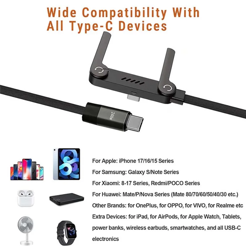 D-POWER 9204 1.5m PD 240W Fast Charging USB-C to USB-C Data Cable with Folding Bracket for Smartphone Tablet