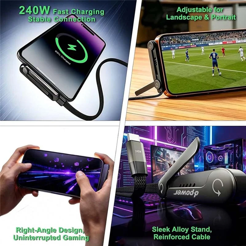 D-POWER 9204 1.5m PD 240W Fast Charging USB-C to USB-C Data Cable with Folding Bracket for Smartphone Tablet