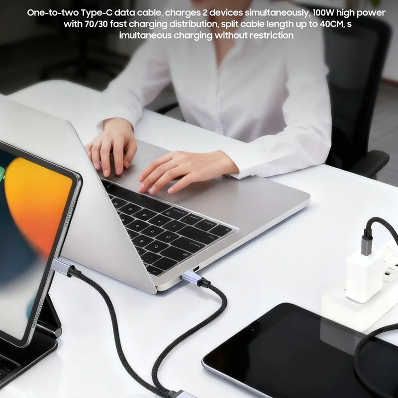 PQ198 1.2m USB-C to Dual USB-C Splitter Cable 100W Fast Charging 480Mbps Data Transfer