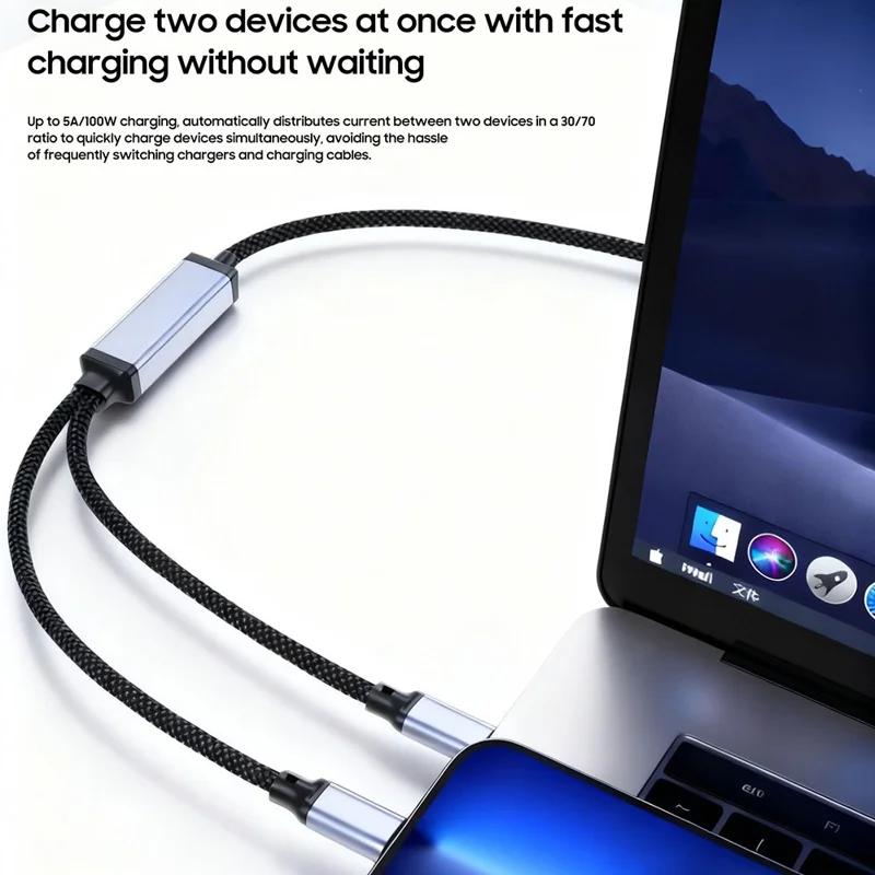 PQ198 1.2m USB-C to Dual USB-C Splitter Cable 100W Fast Charging 480Mbps Data Transfer