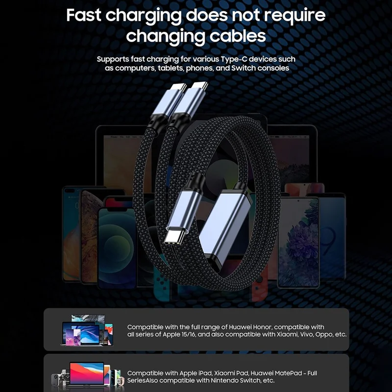 PQ198 1.2m USB-C to Dual USB-C Splitter Cable 100W Fast Charging 480Mbps Data Transfer
