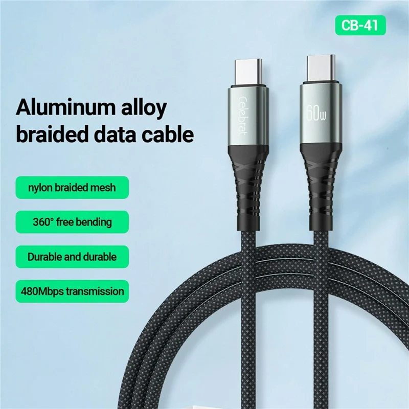 CELEBRAT CB-41C 1m USB-C to USB-C Cable 60W Fast Charging 480Mbps Data Transfer Wire