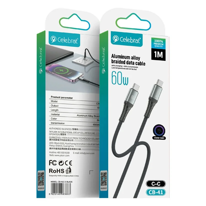 CELEBRAT CB-41C 1m USB-C to USB-C Cable 60W Fast Charging 480Mbps Data Transfer Wire