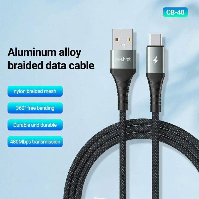 CELEBRAT CB-40 1m 3A Fast Charging 480Mbps Data Transfer Aluminum Alloy Braided Cable - USB-A to Type-C