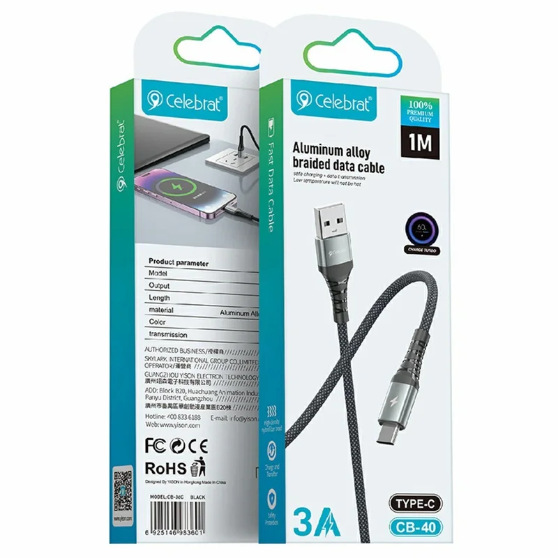 CELEBRAT CB-40 1m 3A Fast Charging 480Mbps Data Transfer Aluminum Alloy Braided Cable - USB-A to Type-C