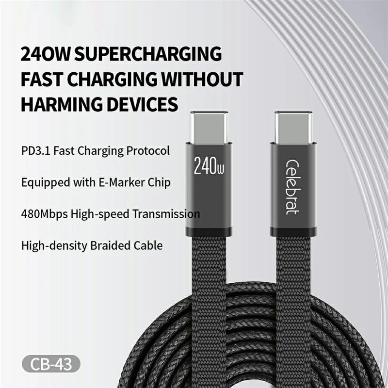 CELEBRAT CB-43C 2m USB-C to USB-C Braided Cable PD 240W Fast Charging 480Mbps Data Transfer