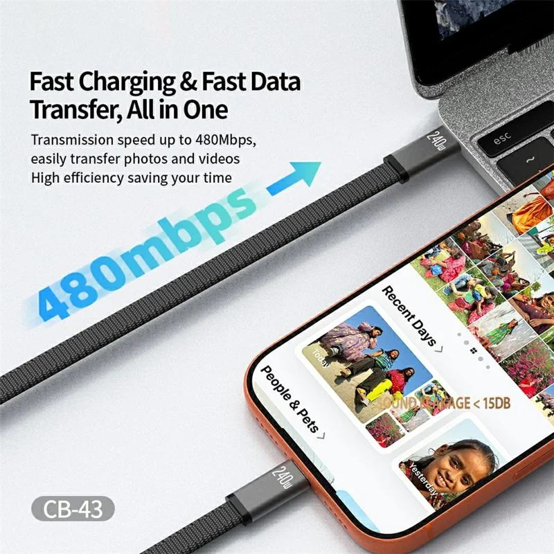 CELEBRAT CB-43C 2m USB-C to USB-C Braided Cable PD 240W Fast Charging 480Mbps Data Transfer