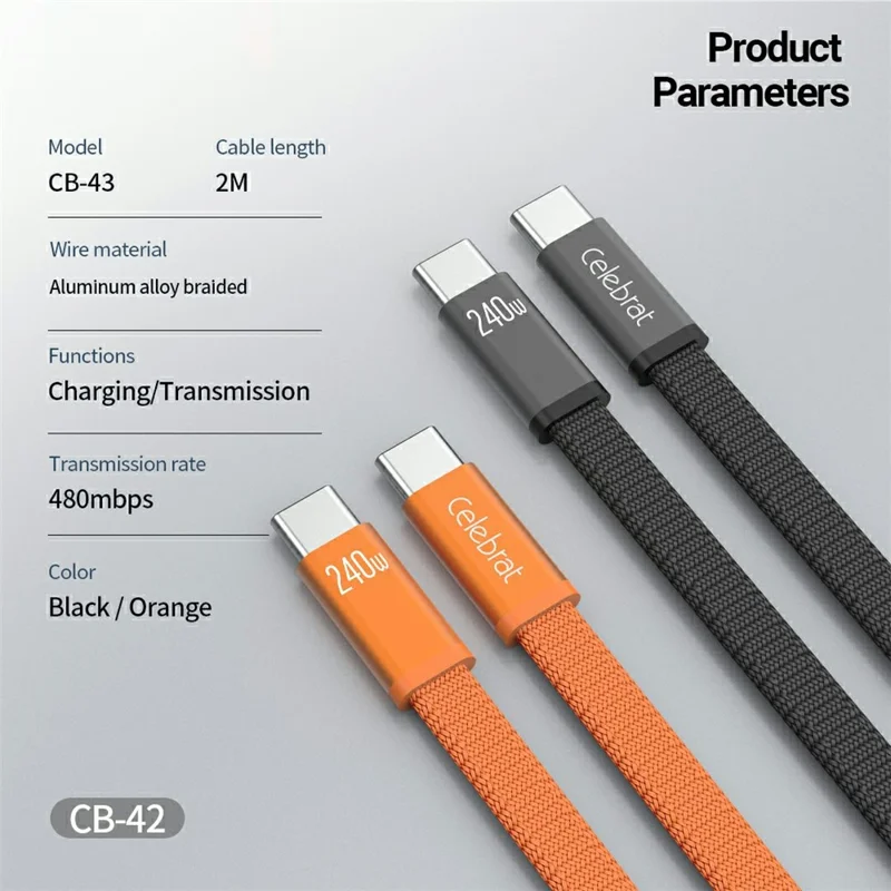 CELEBRAT CB-43C 2m USB-C to USB-C Braided Cable PD 240W Fast Charging 480Mbps Data Transfer