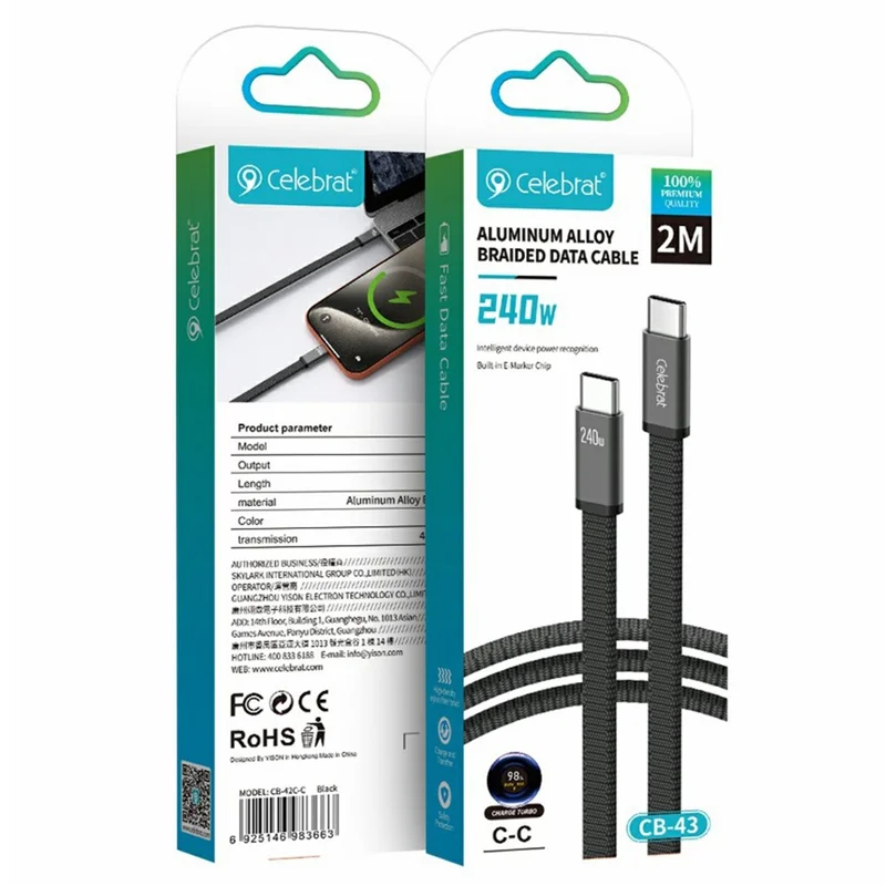 CELEBRAT CB-43C 2m USB-C to USB-C Braided Cable PD 240W Fast Charging 480Mbps Data Transfer