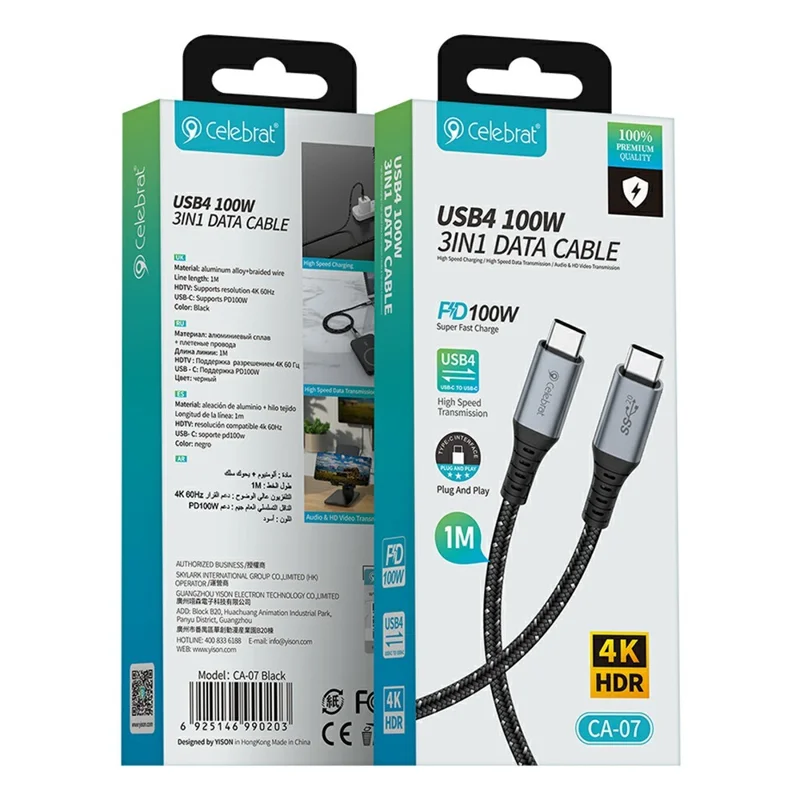 CELEBRAT CA-07 1m USB-C to USB-C Cable PD 100W Fast Charging 4K / 60Hz Video Output USB4 Data Transfer