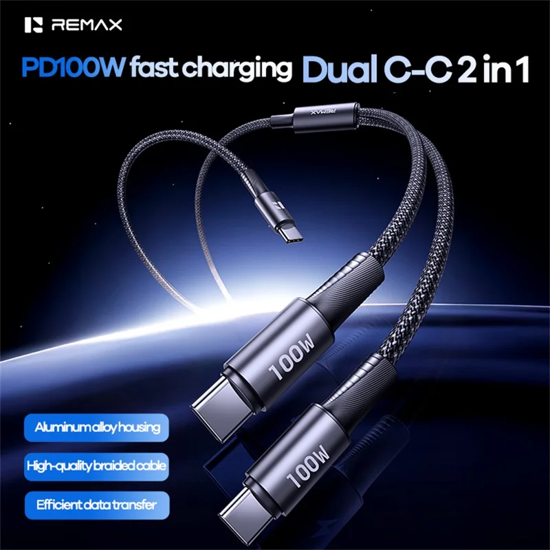 REMAX CB25 1.2m Dual USB-C Braided Data Cable 100W PD Fast Charging Aluminum Alloy Cord - Black