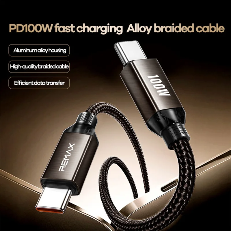 REMAX CB36 2m USB-C to USB-C Cable PD 100W Fast Charging Aluminum Alloy Braided Data Sync Wire - Tan