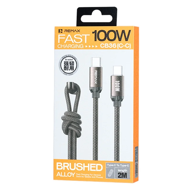 REMAX CB36 2m USB-C to USB-C Cable PD 100W Fast Charging Aluminum Alloy Braided Data Sync Wire - Tan