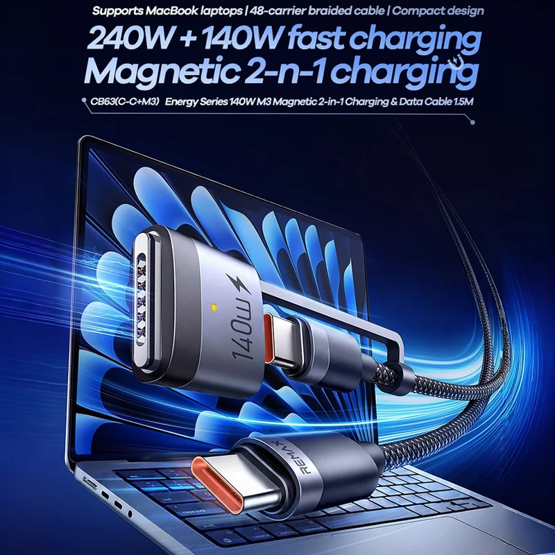 REMAX CB63 1.5m 2 in 1 Magnetic Charging Data Cable 240W + 140W Fast Charge Braided Type-C Wire for MacBook