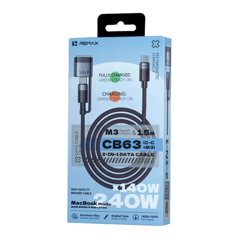 REMAX CB63 1.5m 2 in 1 Magnetic Charging Data Cable 240W + 140W Fast Charge Braided Type-C Wire for MacBook