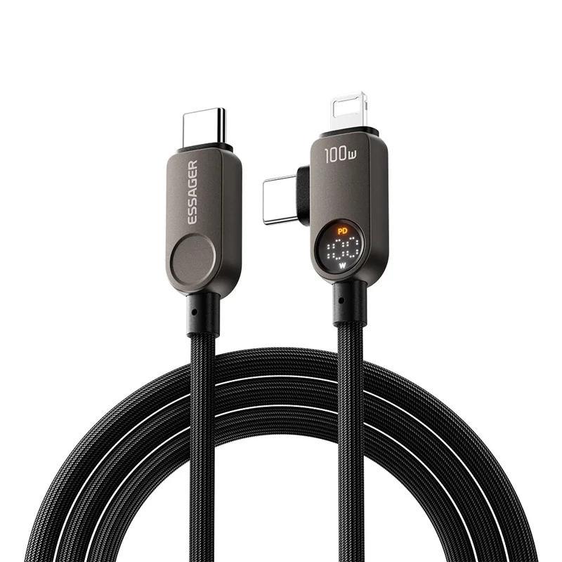 ESSAGER ES-X88 25cm 2 in 1 Type-C to Type-C + IP Cable 100W Power Display 480Mbps Data Cord - Genmetal Grey