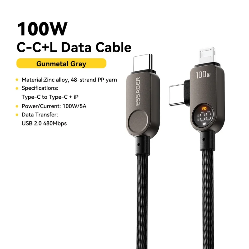 ESSAGER ES-X88 25cm 2 in 1 Type-C to Type-C + IP Cable 100W Power Display 480Mbps Data Cord - Genmetal Grey
