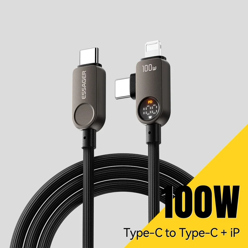 ESSAGER ES-X88 25cm 2 in 1 Type-C to Type-C + IP Cable 100W Power Display 480Mbps Data Cord - Genmetal Grey