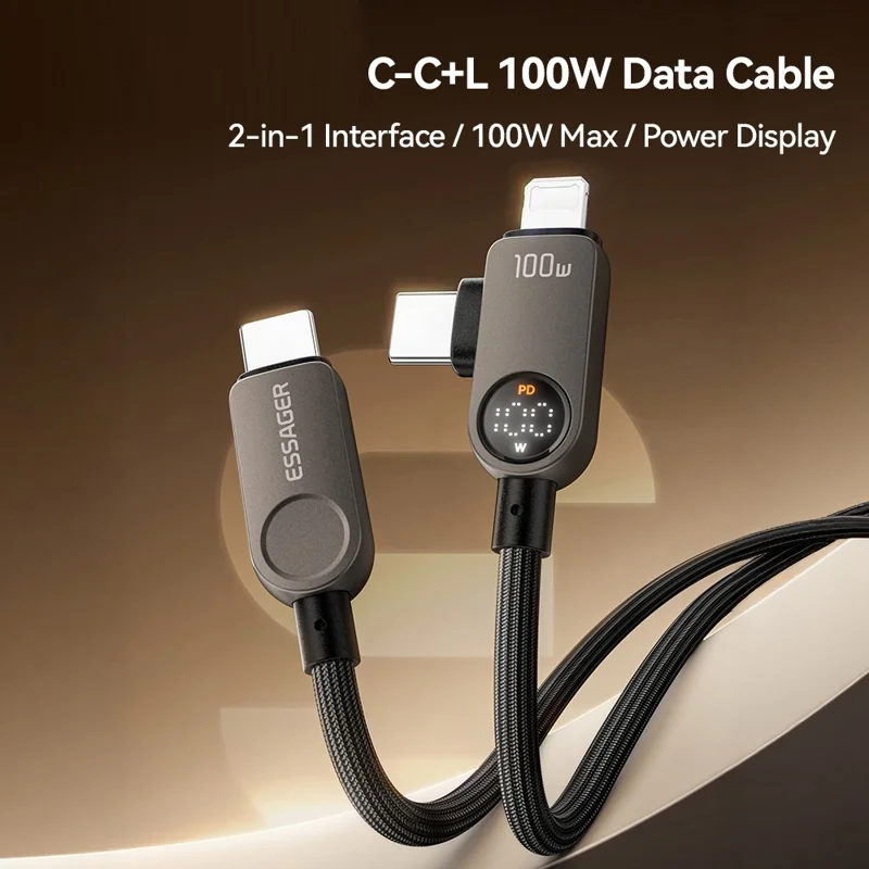 ESSAGER ES-X88 25cm 2 in 1 Type-C to Type-C + IP Cable 100W Power Display 480Mbps Data Cord - Genmetal Grey