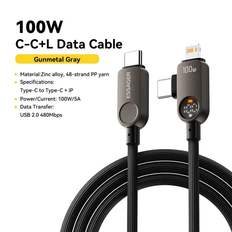 ESSAGER ES-X88 2m 2 in 1 Type-C to Type-C + IP Cable 100W Power Display 480Mbps Data Cord - Genmetal Grey